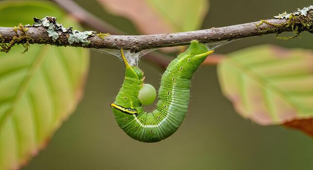 Green caterpillar hanging upside down from a tree branch in a natural outdoor setting. photo