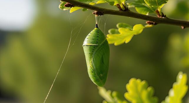 Green Chrysalis Hanging from a Branch in Natural Light. photo