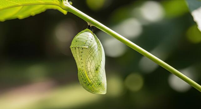 Green Chrysalis Hanging from a Thin Branch in a Lush Garden. photo