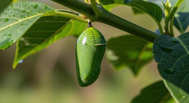 Green chrysalis hanging from a branch, natures transformation. photo