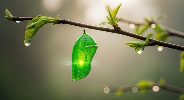 Green Chrysalis Hanging on a Branch with Water Droplets. photo