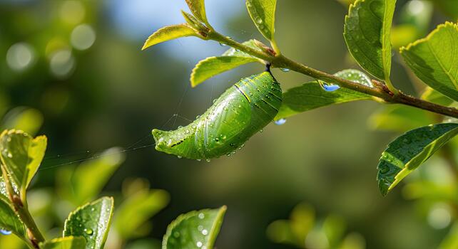 Green Chrysalis Hanging From A Tree Branch In The Sunlight. photo