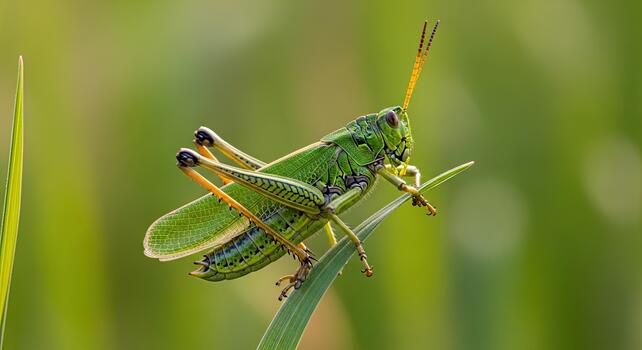 A grasshopper is sitting on top of a green plant photo