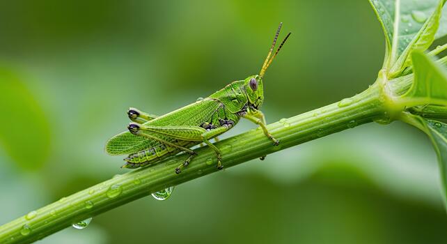 Green Grasshopper Perched on a Green Plant Stem in Nature. photo