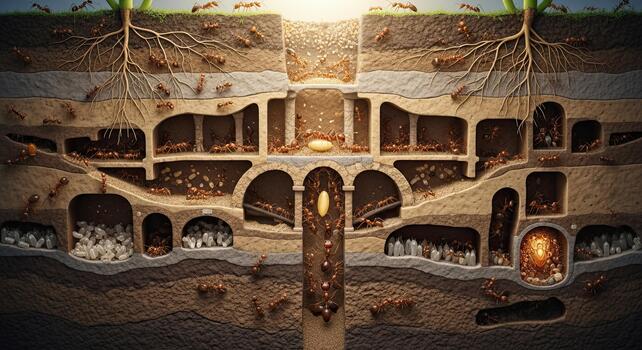 Intricate Cross-Section of a Subterranean Ant Colony with Tunnels and Chambers. photo