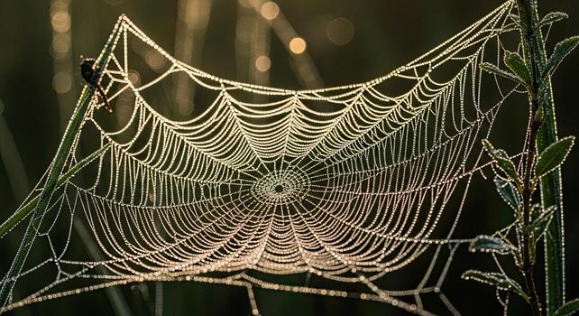 Intricate spider web glistening with morning dew, natures artistry. photo