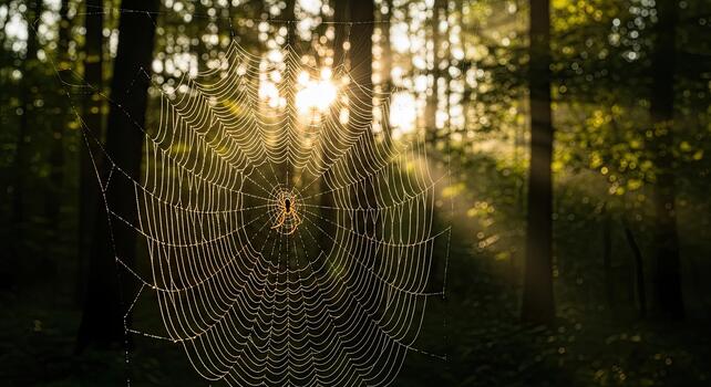 Intricate spider web glowing in the morning sunlight in a forest. photo