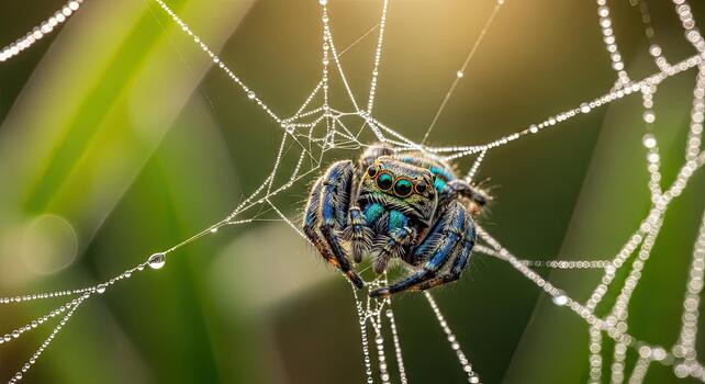 Iridescent Spider on Dew-Kissed Web - A Macro View. photo