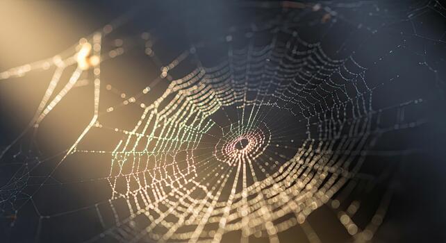Intricate Spider Web Illuminated by Golden Sunlight in a Dark Forest. photo