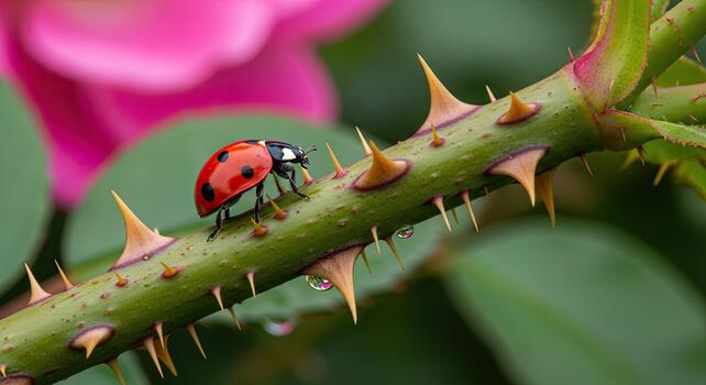 mariquita gateando en un espinoso Rosa vástago con rosado flor en antecedentes. foto