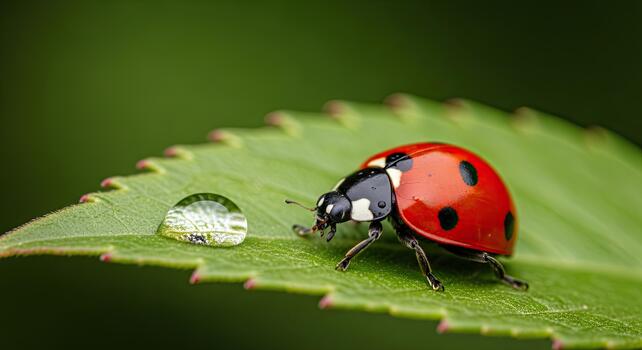 mariquita en un verde hoja con un agua gotita, naturaleza escena. foto