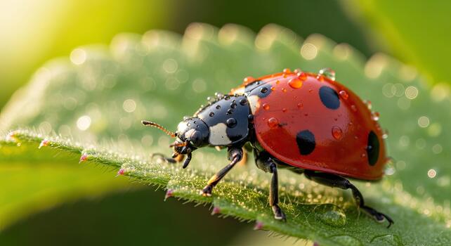 mariquita en un verde hoja con agua gotas, de cerca disparo. foto