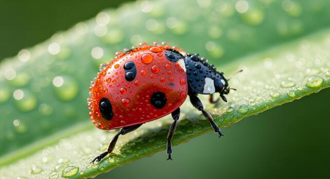 Ladybug on a green leaf with water droplets, close-up view. photo