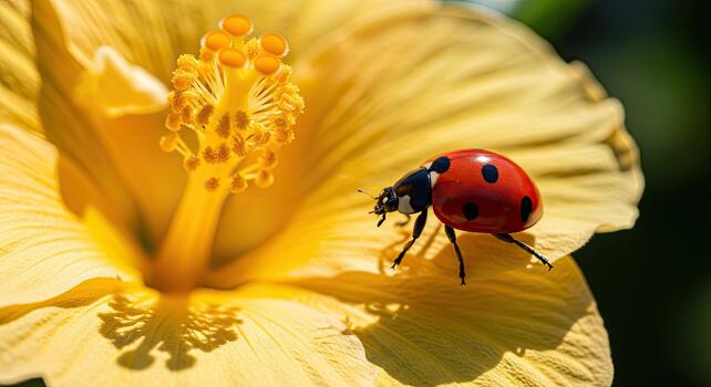 Ladybug on a yellow hibiscus flower in bright sunlight, macro shot. photo
