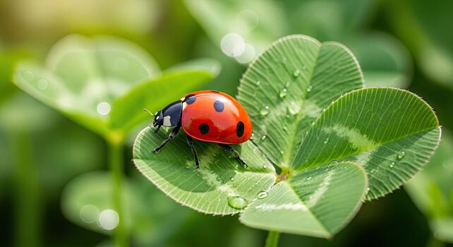mariquita descansando en un cuatro hojas trébol, un símbolo de suerte. foto