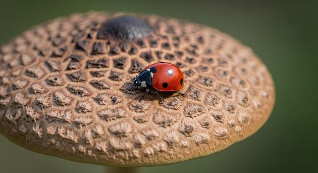mariquita descansando en un seta gorra en natural ligero. foto