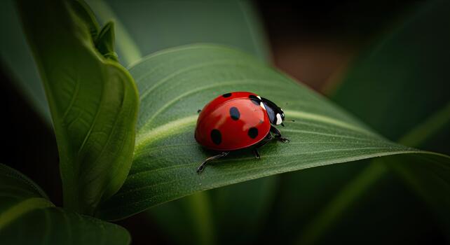 Ladybug resting on a vibrant green leaf in nature. photo