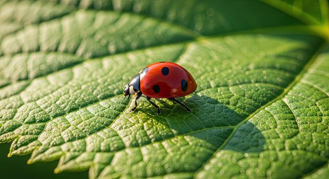 mariquita descansando en un vibrante verde hoja en natural luz de sol. foto