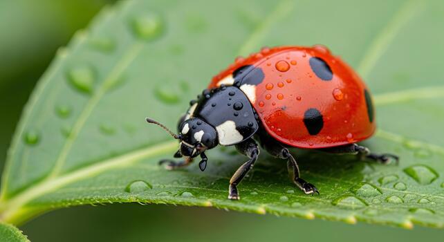 mariquita descansando en un vibrante verde hoja con agua gotas, macro disparo. foto