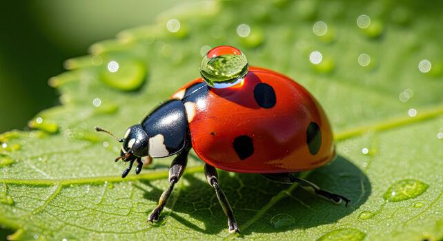 mariquita con un agua gotita en sus atrás, sentado en un verde hoja con más agua gotas. foto