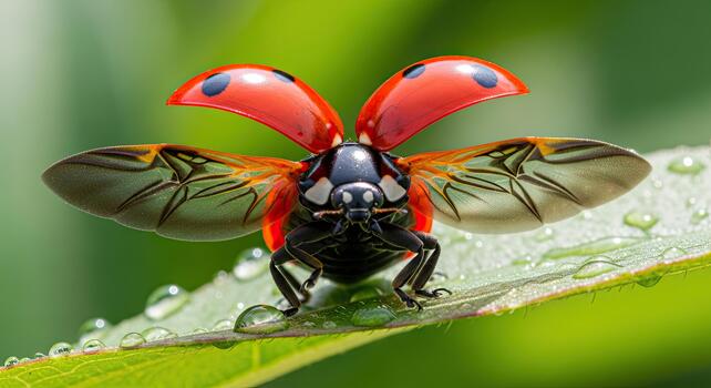 Ladybug with open wings on a dewy green leaf, ready for flight, close-up macro shot. photo
