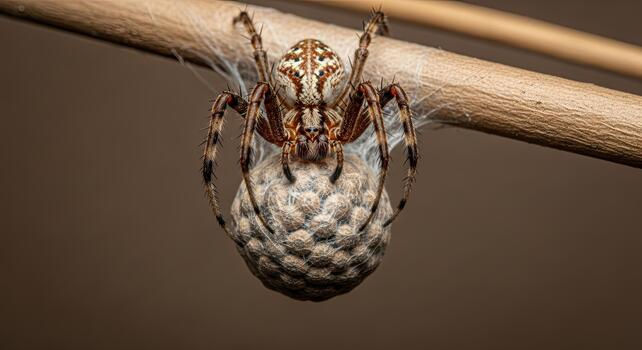 Macro photograph of a mother spider guarding her large egg sac while hanging from a twig. photo