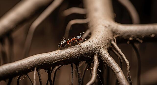 Macro photograph of a single ant crawling on intricate tree roots. photo