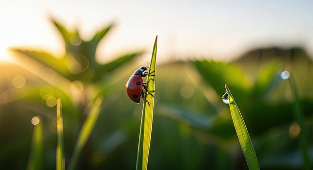 macro Disparo de un mariquita en un espada de césped con Rocío gotas a amanecer. foto
