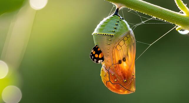 Monarch Butterfly Chrysalis Emerging with Spiderweb Dew Drops. photo