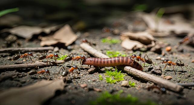 Millipede surrounded by ants on forest floor, natures struggle. photo