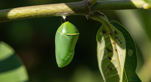 Monarch Butterfly Chrysalis Hanging from a Branch in a Garden. photo