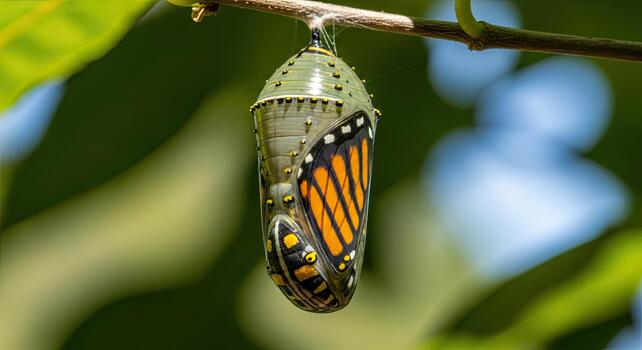 Monarch Butterfly Emerging from Chrysalis - A Transformation in Nature. photo
