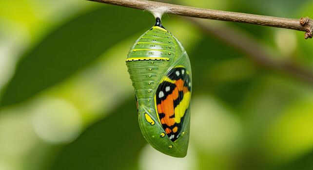 Monarch Butterfly Chrysalis Hanging on Branch with Visible Wings. photo
