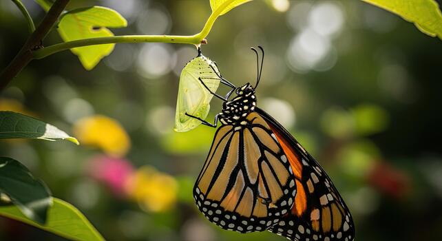 Monarch Butterfly Emerging from Chrysalis on a Leaf. photo