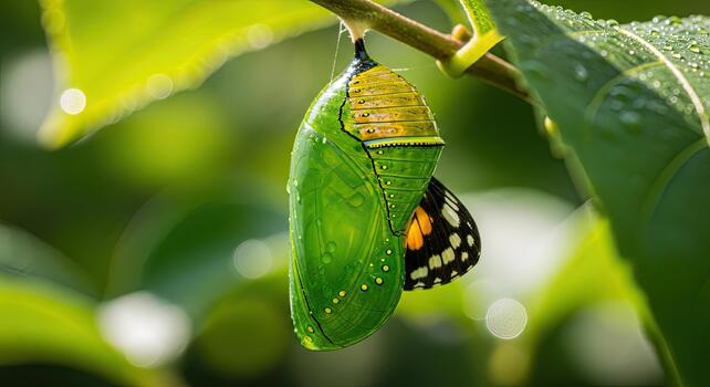 Monarch butterfly emerging from chrysalis, a beautiful transformation in nature. photo