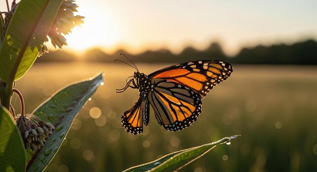 Monarch butterfly gracefully takes flight at sunset in a field. photo
