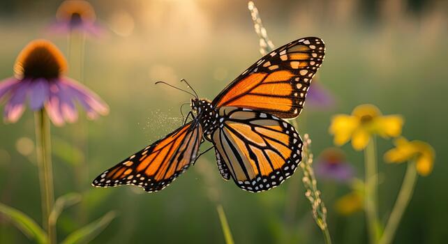 Monarch Butterfly on a Stem in a Field of Flowers. photo