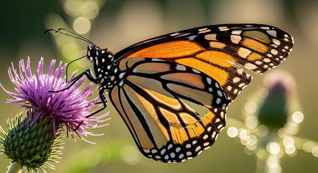 Monarch Butterfly on Thistle Flower - A Close-Up View. photo