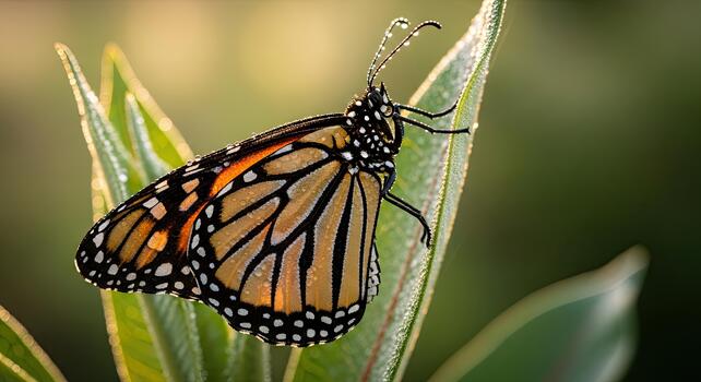 Monarch butterfly resting on a green leaf in natural light. photo