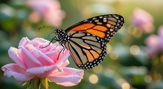 Monarch Butterfly Resting on a Delicate Pink Rose in Soft Sunlight. photo