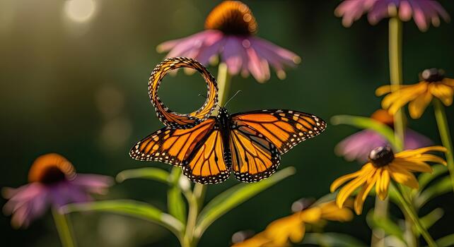 Monarch Butterfly Resting on Echinacea Flower in Garden. photo