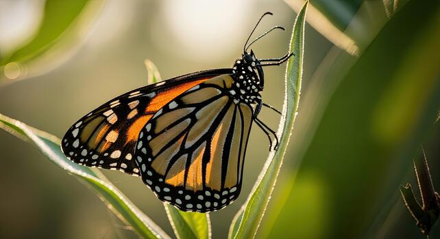 Monarch Butterfly Resting on Green Leaf in Soft Sunlight. photo