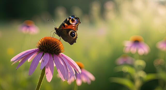 Peacock Butterfly Resting on a Pink Echinacea Flower in a Sunny Meadow. photo