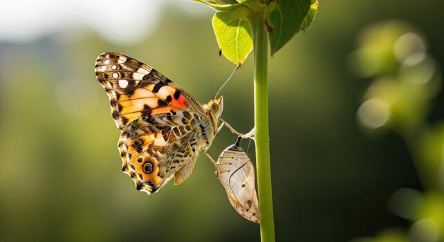 Painted Lady Butterfly Emerging from Chrysalis on Green Stem. photo
