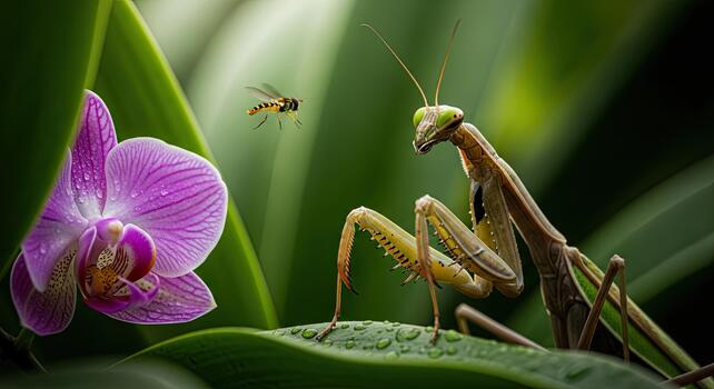 Praying Mantis and Bee in a Lush Garden with Orchid. photo