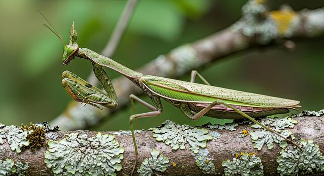 Praying Mantis Blends Seamlessly with Lichen-Covered Branch in Natural Habitat. photo