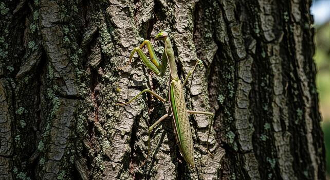 A praying mantisce is on the bark of a tree photo