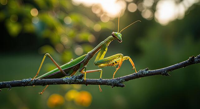 Praying Mantis on a Branch in Natural Light. photo