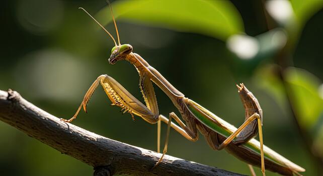 Praying Mantis on Branch - A Detailed Insect Portrait. photo