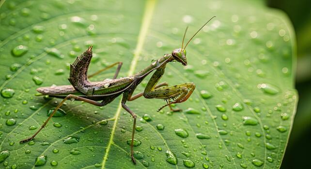 Orando mantis encaramado en un mojado verde hoja. foto